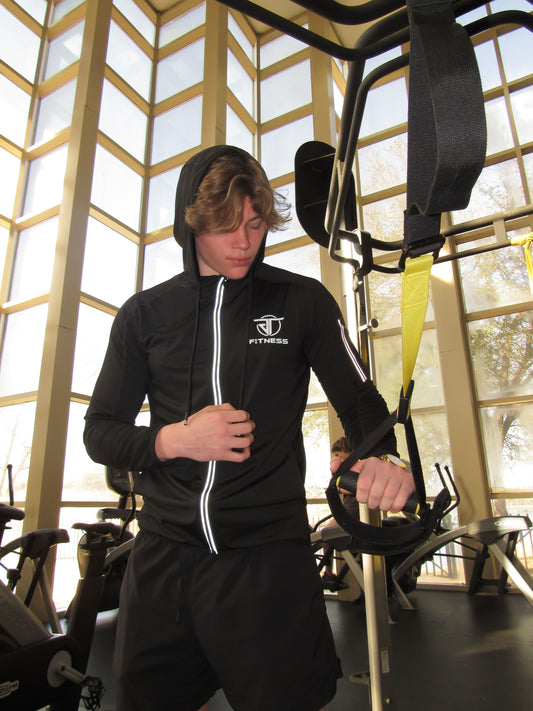 Black Fitness Zip Up Hoodie with Built-in Pocket and Shoulder Zipper
